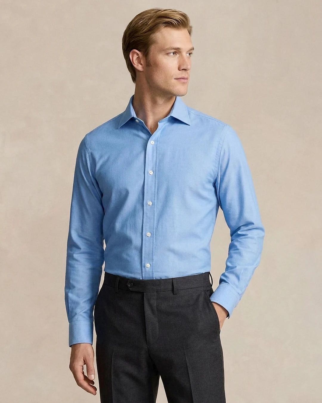 Camisa Formal Classic Fit Spread Collar Brooks Brothers CC00894GBB - Azul Medio - Modelo plano americano lookbook