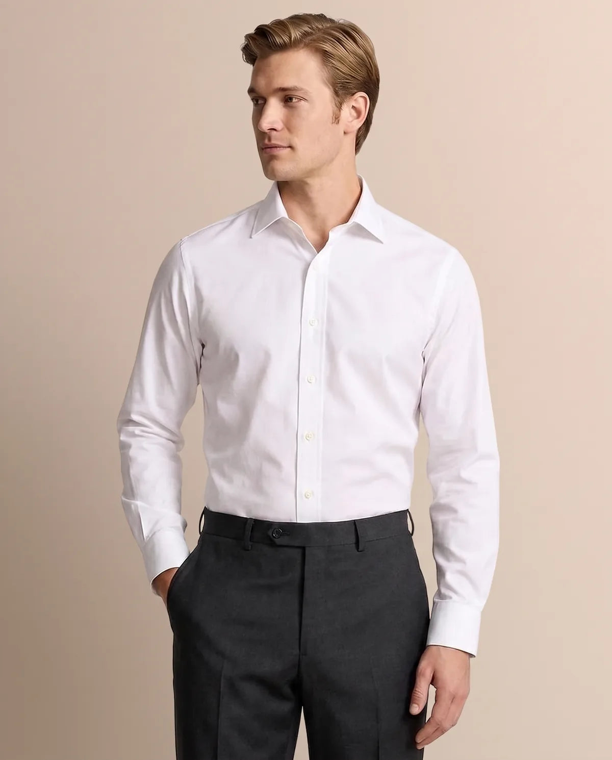 Camisa Formal Classic Fit Spread Collar Brooks Brothers CC00894GBB - Blanco - Modelo plano americano lookbook Imagen principal del producto
