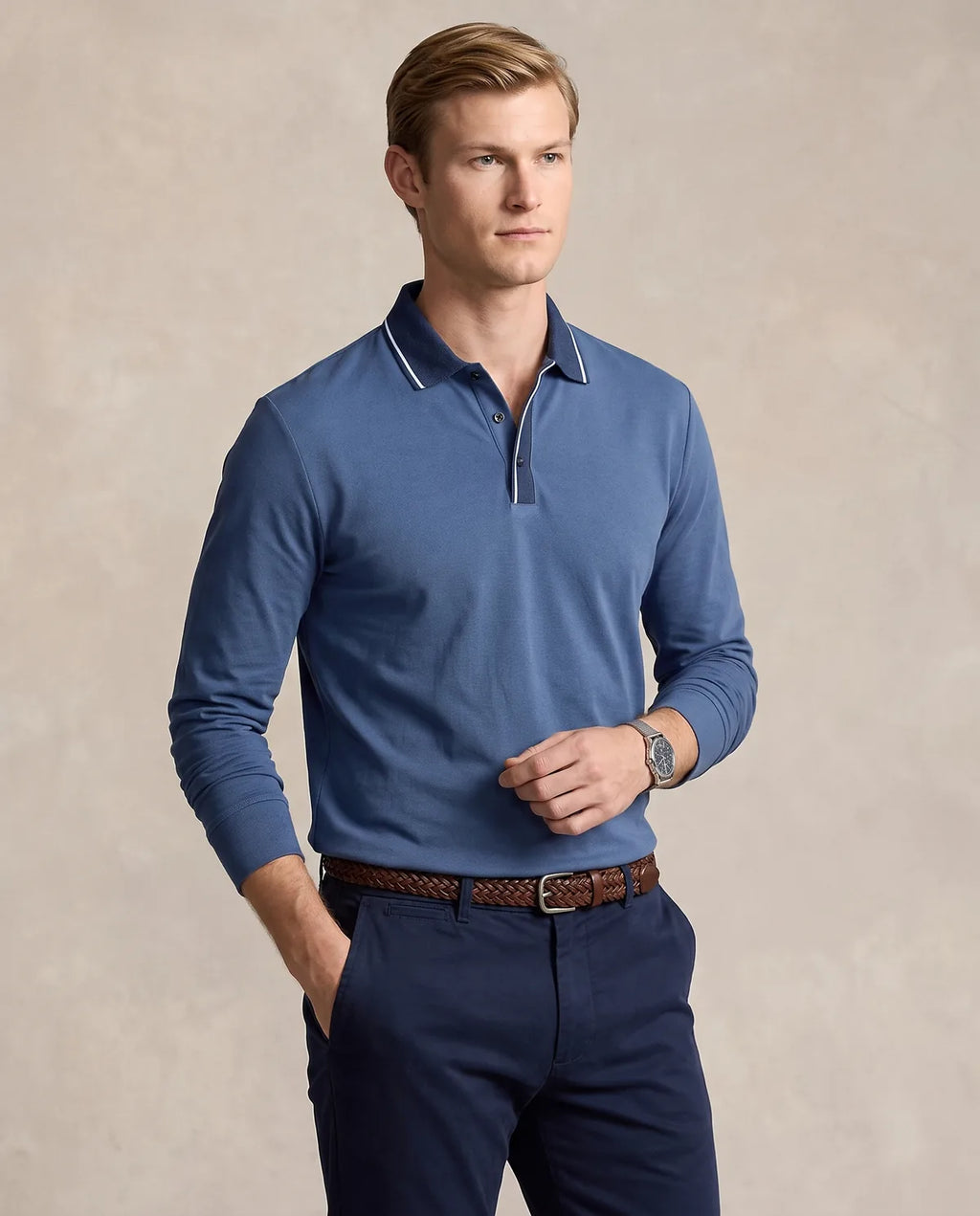 Camiseta Polo Classic Fit Perry Ellis CM00134 - Azul Oscuro - Modelo plano americano lookbook
