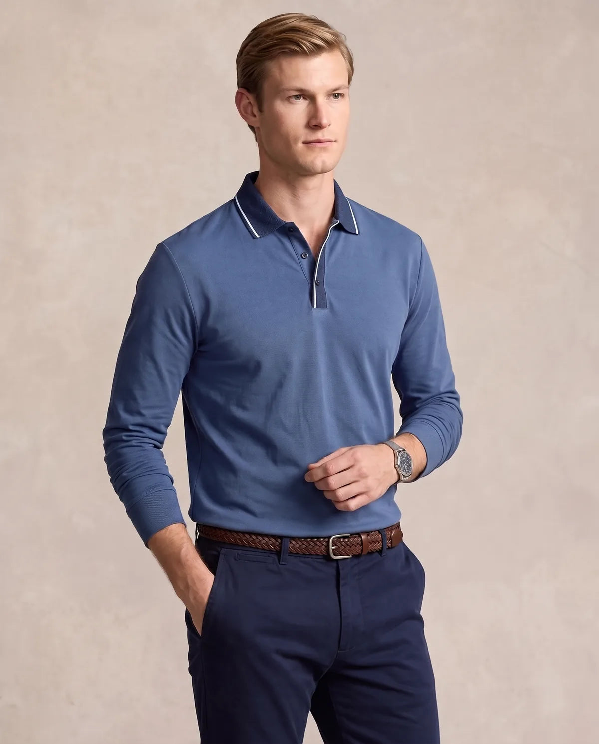 Camiseta Polo Classic Fit Perry Ellis CM00134 - Azul Oscuro - Modelo frente medio