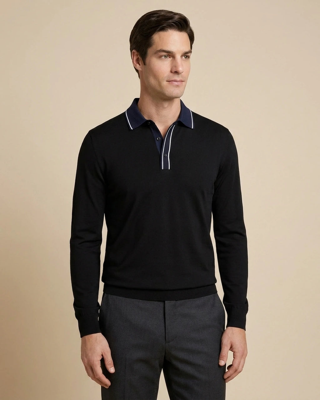 Camiseta Polo Classic Fit Perry Ellis CM00134 - Negro - Modelo plano americano lookbook