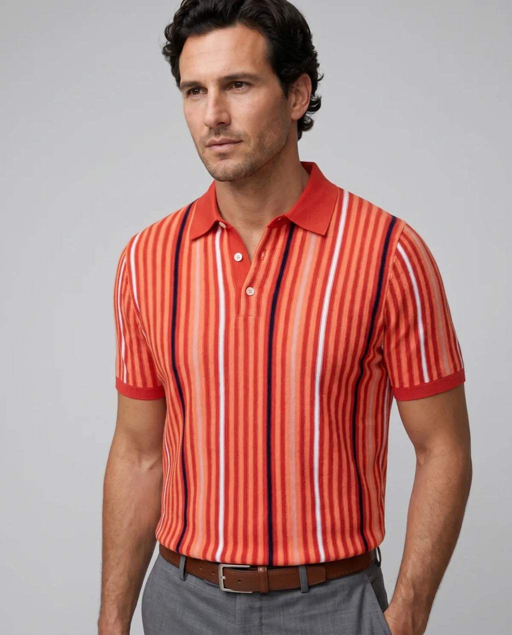 Camiseta Polo Sweater Rayas Classic Fit Perry Ellis CM00144 - Naranja - Modelo frente medio