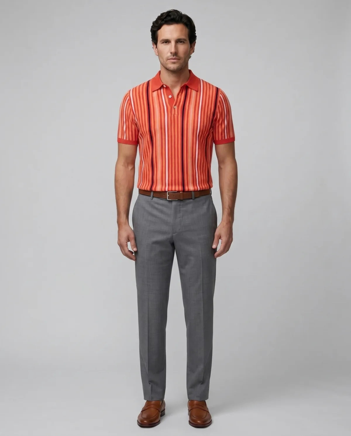 Camiseta Polo Sweater Rayas Classic Fit Perry Ellis CM00144 - Naranja - Modelo cuerpo completo