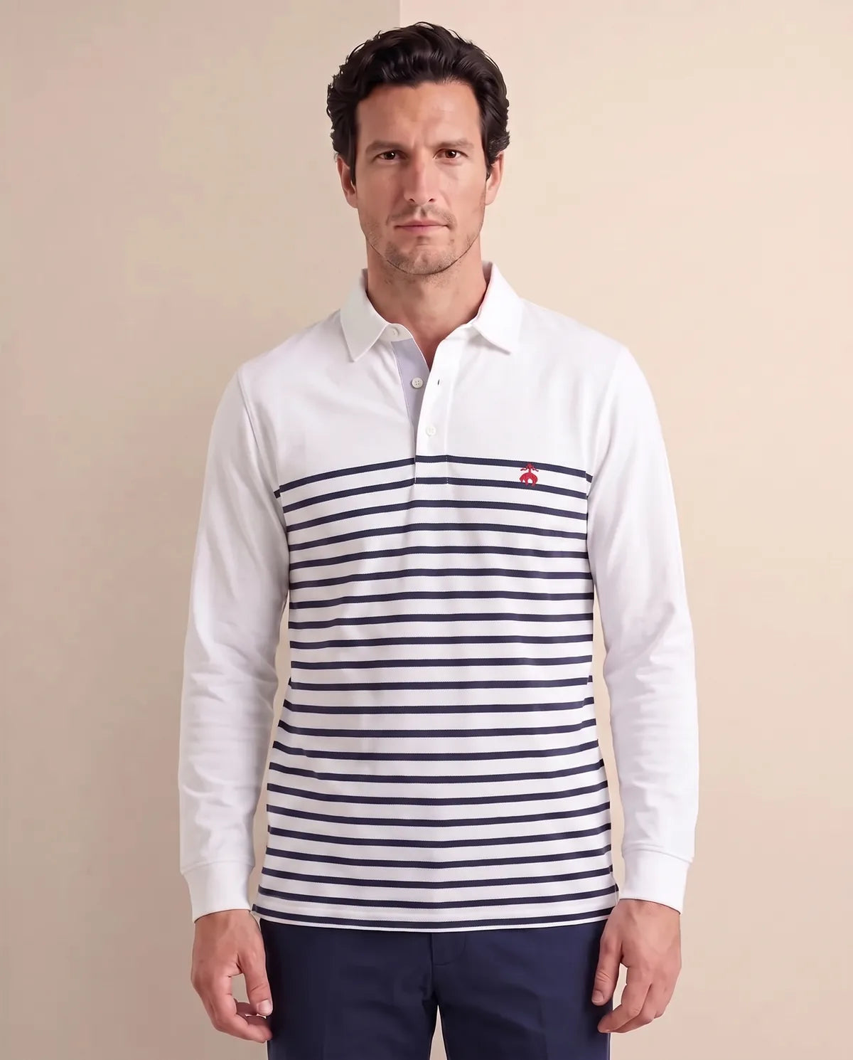 Camiseta Polo Blanca Rayas Azules Manga Larga Brooks Brothers CM00155 - Blanco - Modelo plano americano lookbook
