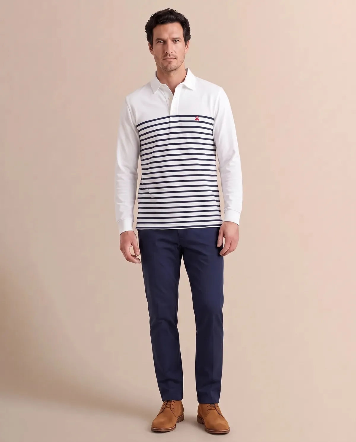 Camiseta Polo Blanca Rayas Azules Manga Larga Brooks Brothers CM00155 - Blanco - Modelo cuerpo completo
