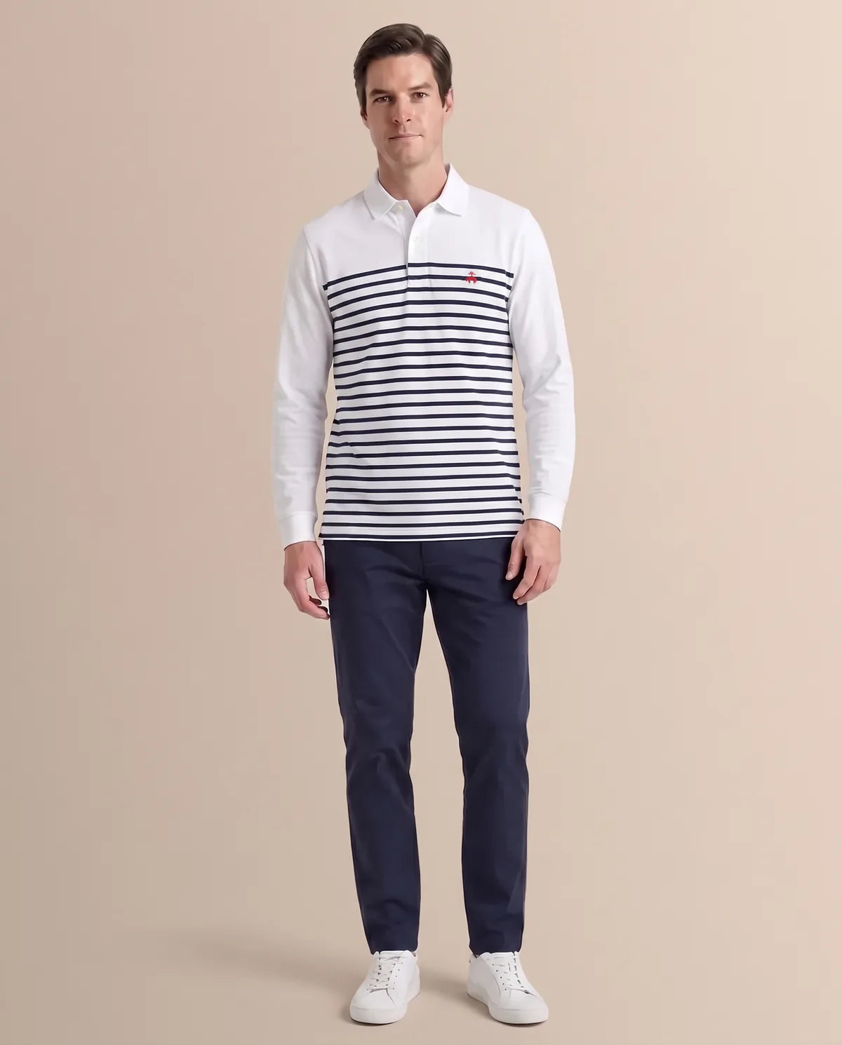 Camiseta Polo Blanca Rayas Azules Manga Larga Brooks Brothers CM00155 - Blanco - cuerpo completo