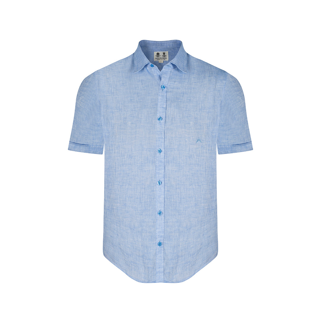 Camisa manga corta en Lino color Azul Medio CS00663C012 – Villaromana