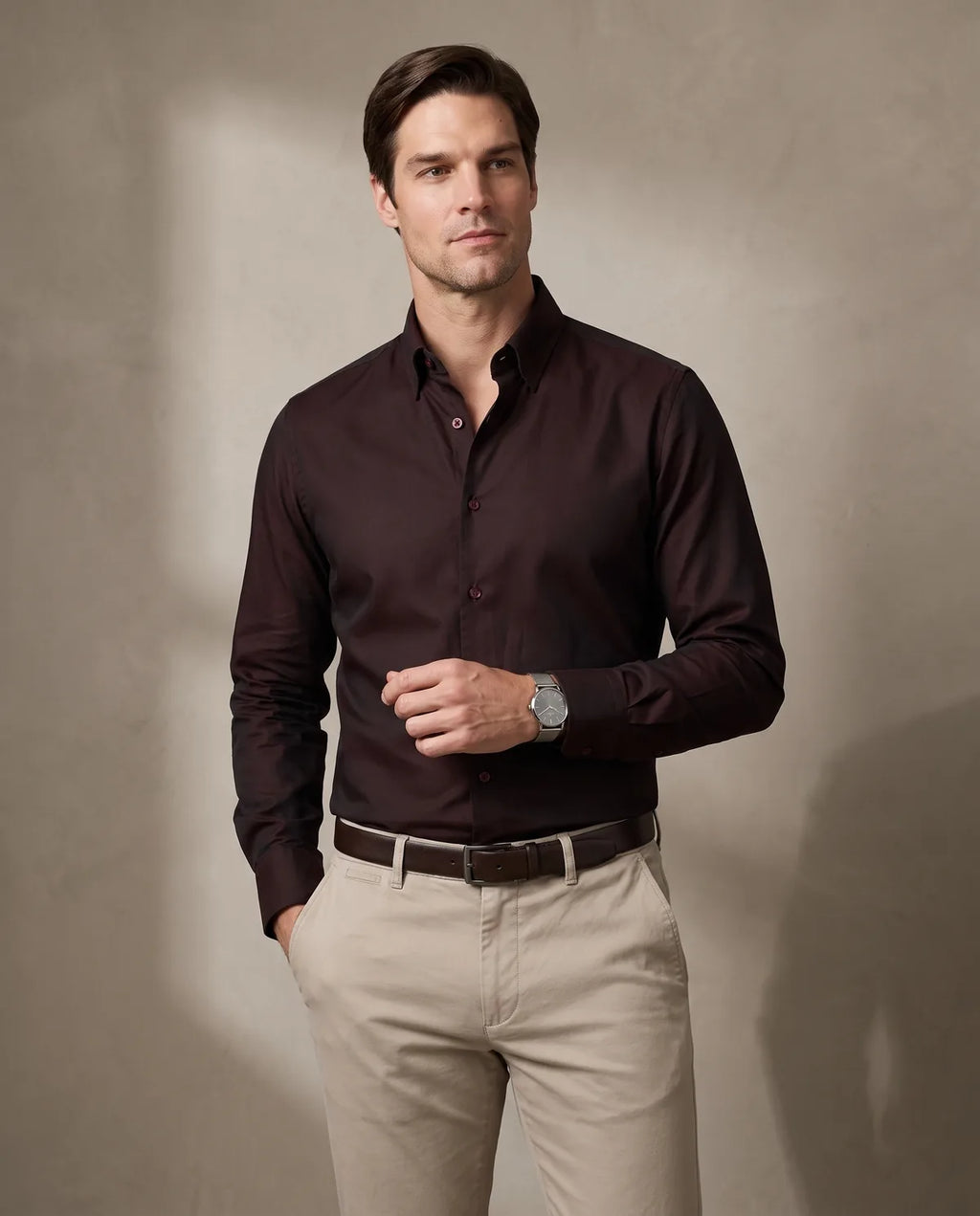 Camisa Sport Spread Collar Perry Ellis CS00699B - Cafe Oscuro - Modelo plano americano lookbook