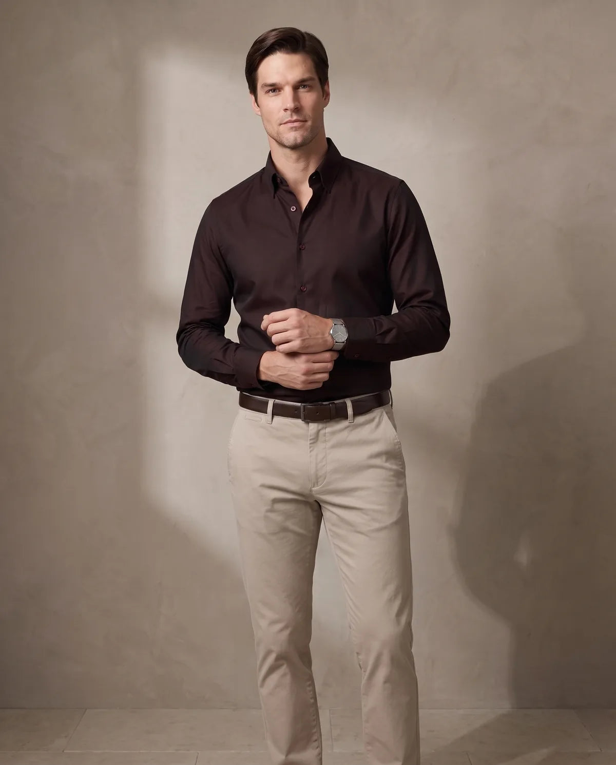 Camisa Sport Spread Collar Perry Ellis CS00699B - Cafe Oscuro - Modelo cuerpo completo