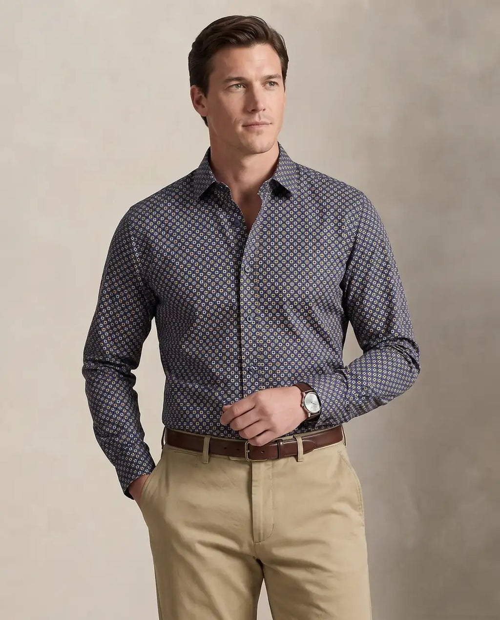 Camisa Sport con Microdiseno Perry Ellis CS00915 - Amarillo - Modelo plano americano lookbook