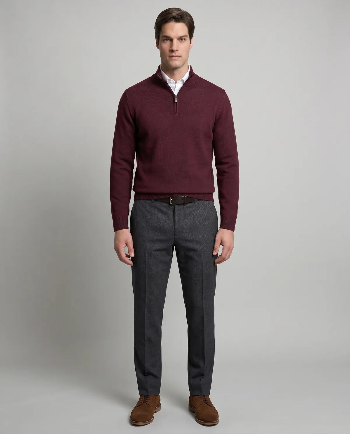 Sweater Perry Ellis Half Zip SW00071P - Vino - Modelo cuerpo completo