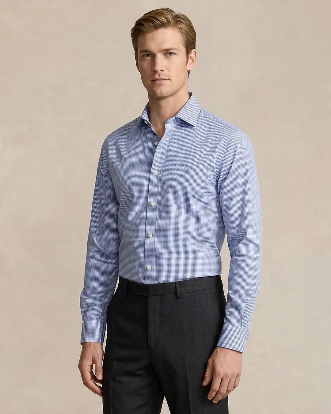 Camisa Formal Classic Fit Cuadros Spread Collar Guy Laroche CC00963 - Azul Oscuro - Modelo plano americano lookbook Imagen principal del producto