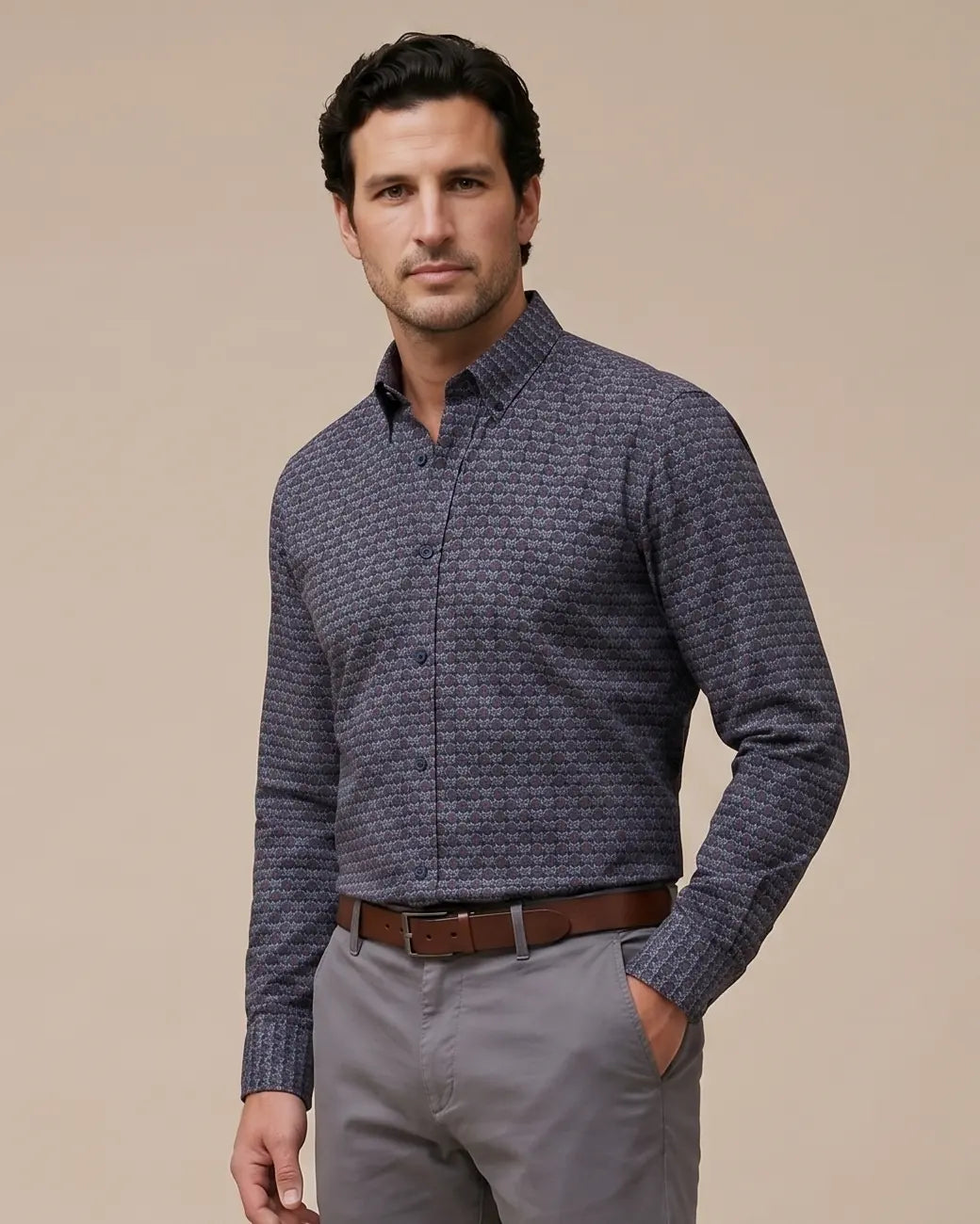Camisa Sport Verde Oscuro Classic Fit Perry Ellis CS00848 - Azul Oscuro - Modelo plano cercano