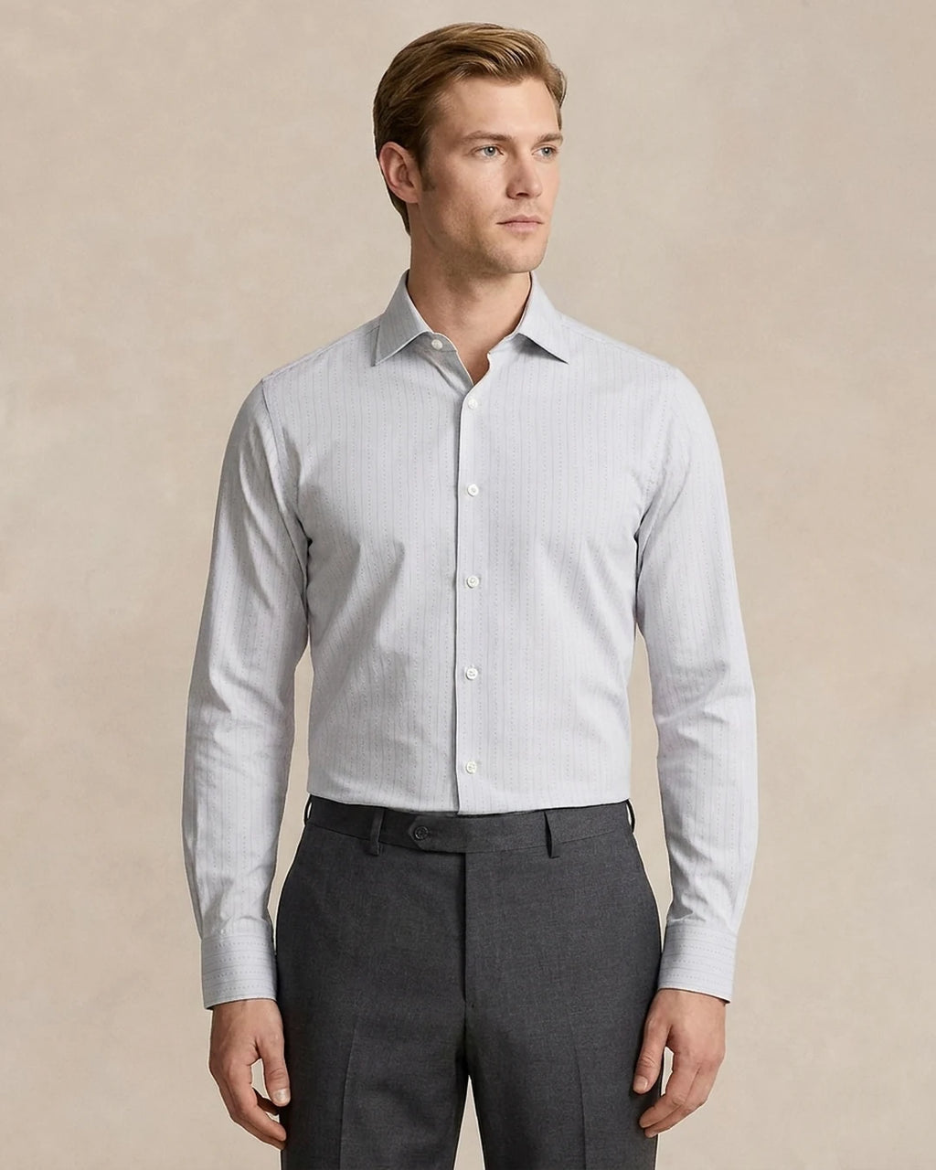 Camisa Formal Classic Fit Austin Reed CC00911 - Gris Claro - Modelo plano americano lookbook