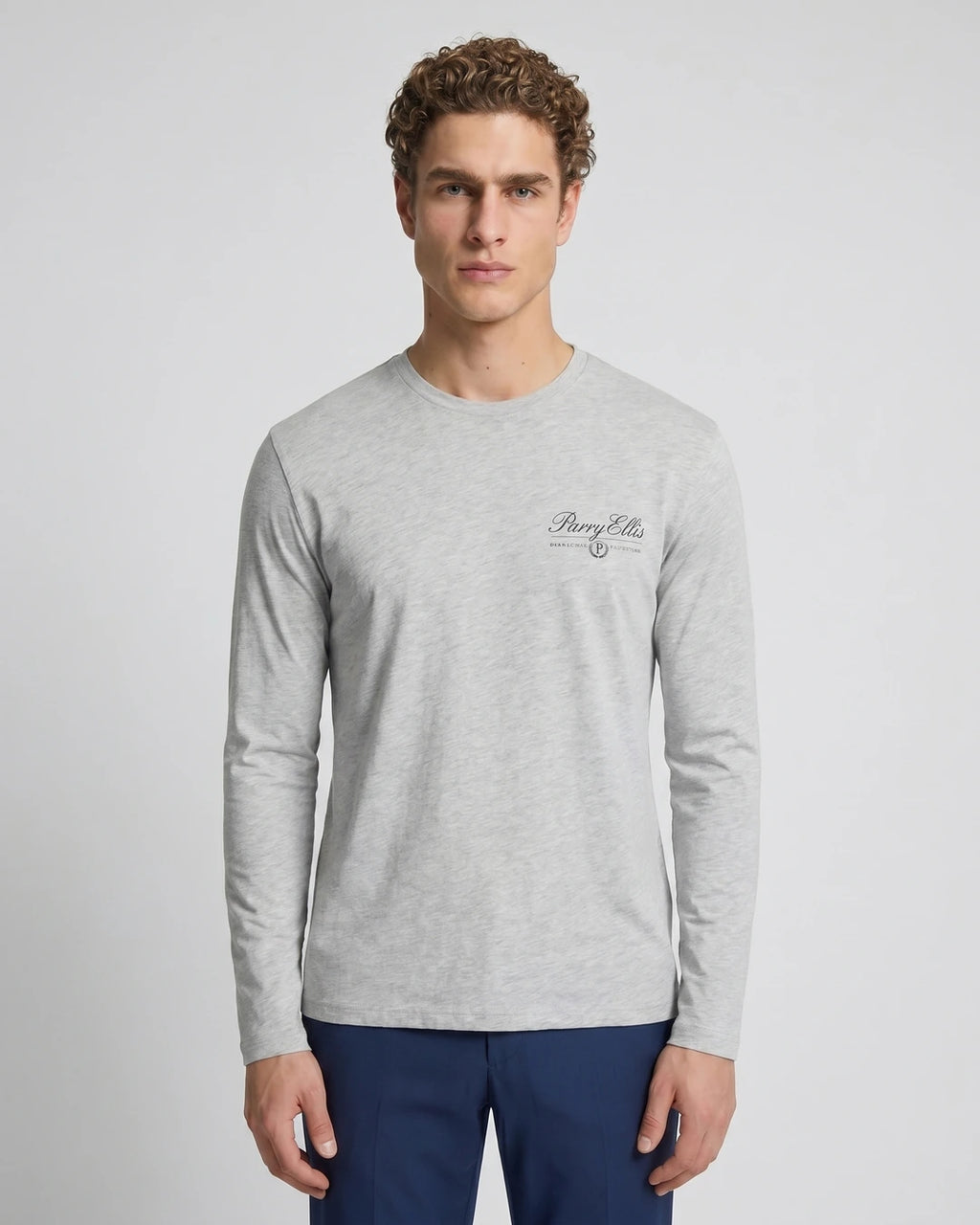 T-Shirt Perry Ellis Manga Larga TS00021 - Gris Claro - Modelo plano americano lookbook