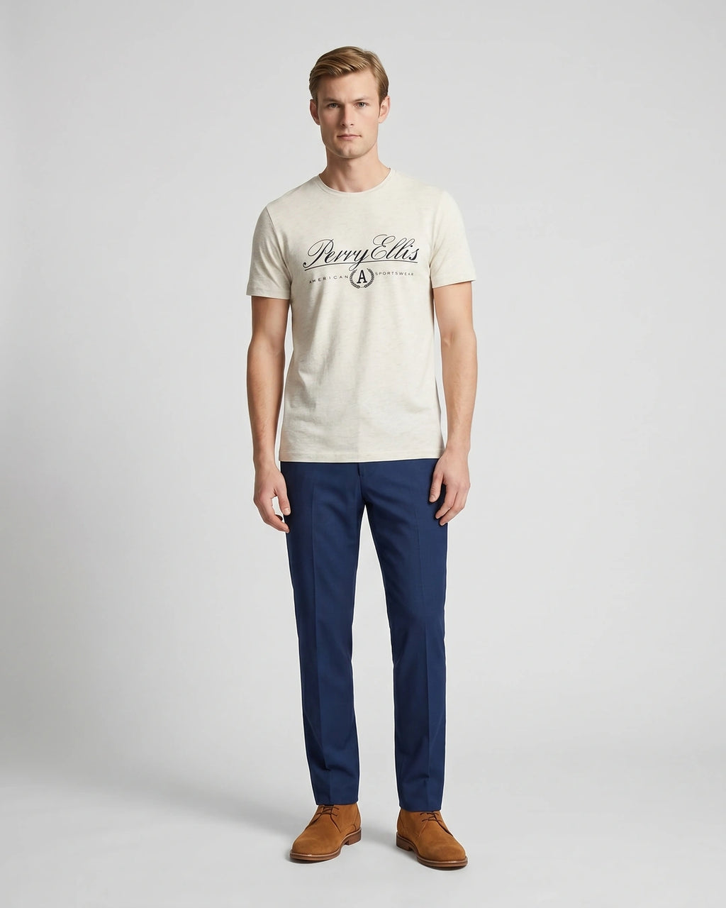 T-Shirt Perry Ellis TS00020 - Habano Claro - Modelo cuerpo completo
