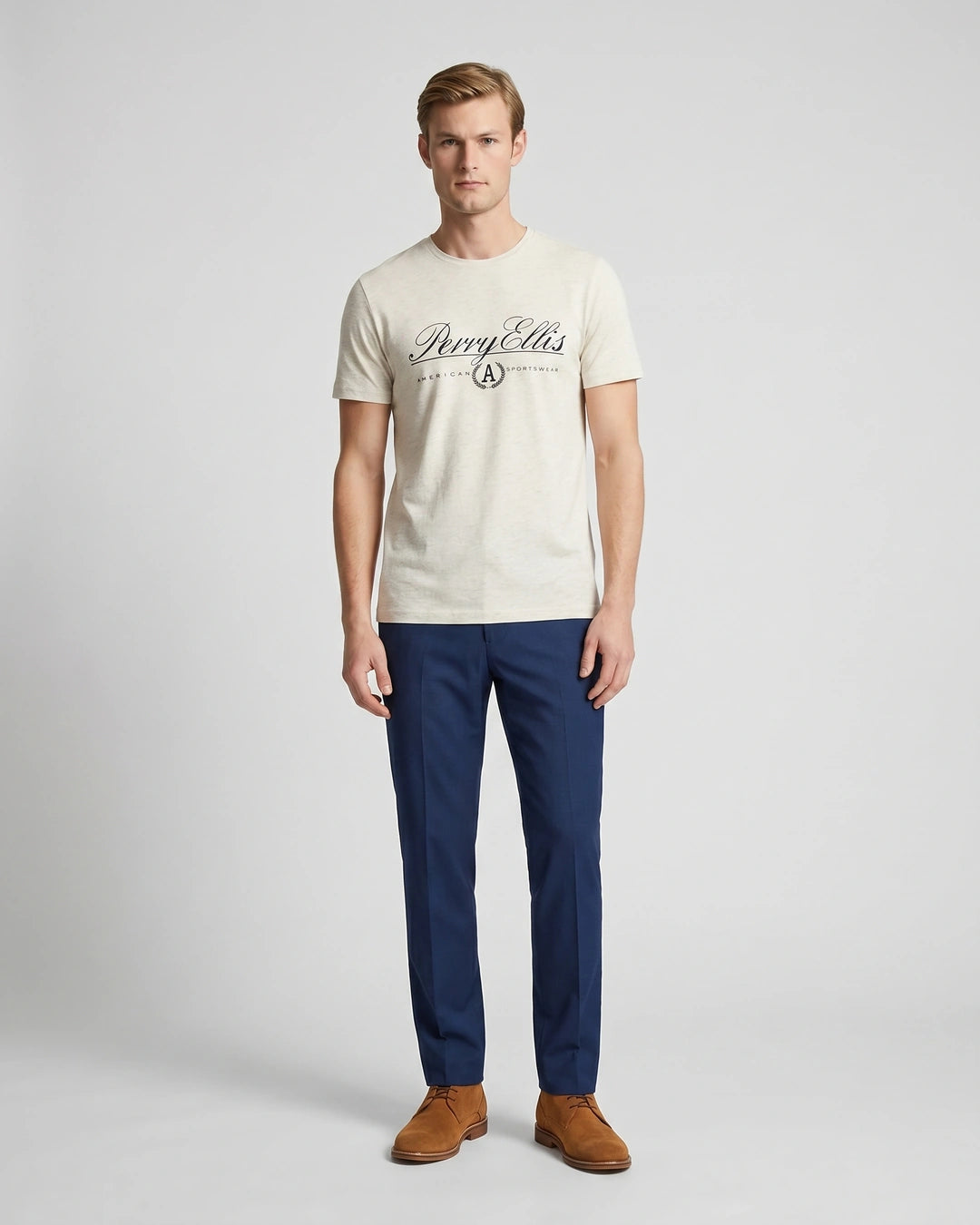 T-Shirt Perry Ellis TS00020 - Habano Claro - Modelo cuerpo completo