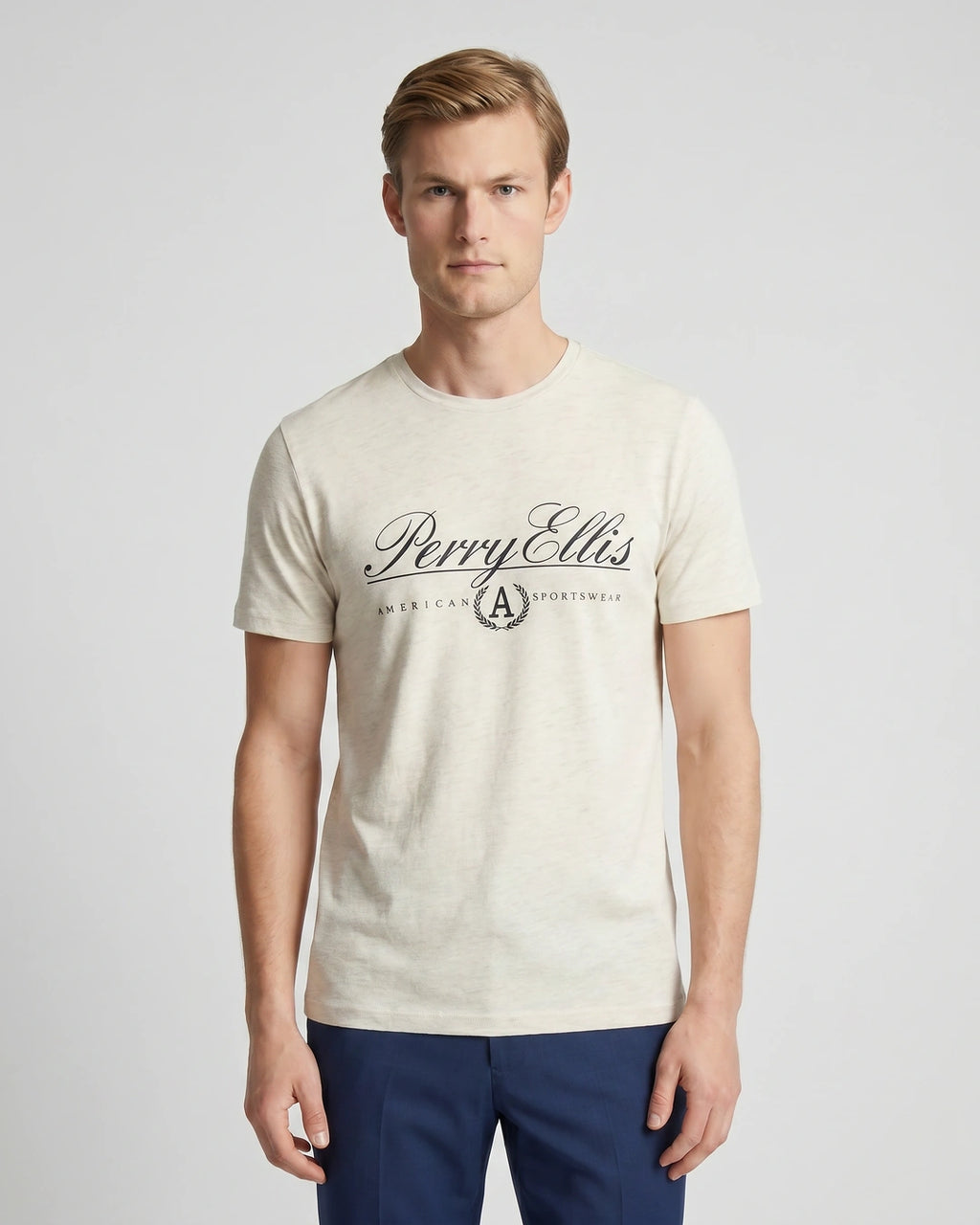 T-Shirt Perry Ellis TS00020 - Habano Claro - Modelo plano americano lookbook