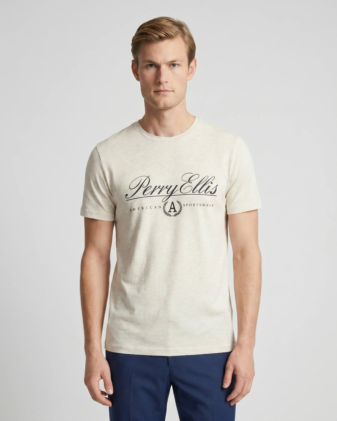 T-Shirt Perry Ellis TS00020 - Habano Claro - Modelo plano americano lookbook