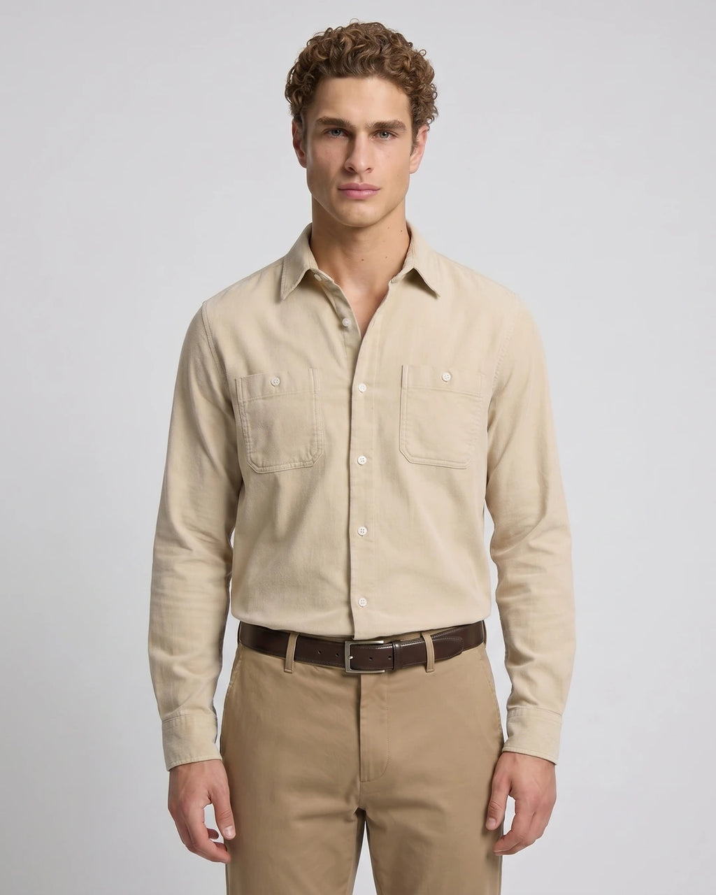 Camisa Sport Pana Perry Ellis CS00913 - Habano Claro - Modelo plano americano lookbook