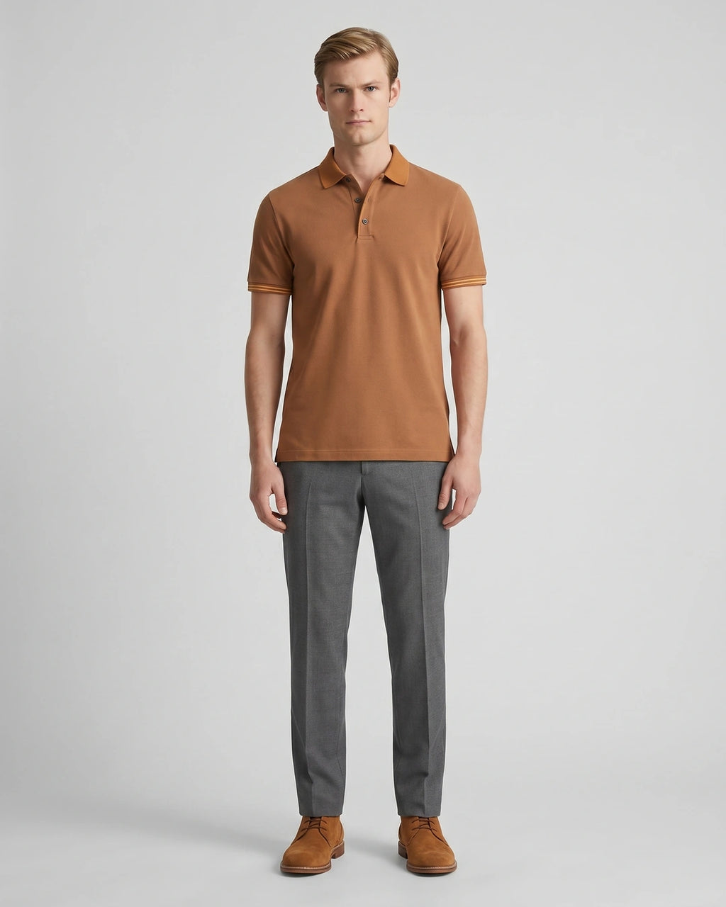 Camiseta Polo Classic Fit Perry Ellis CM00129 - Habano Oscuro - Modelo cuerpo completo