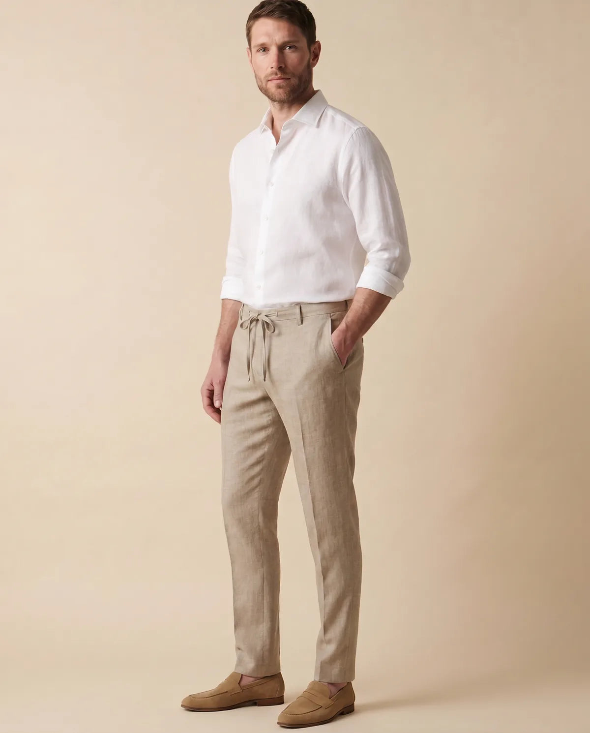 Pantalon Lino Classic Fit Perry Ellis PS00153 - Habano Claro - tres cuartos