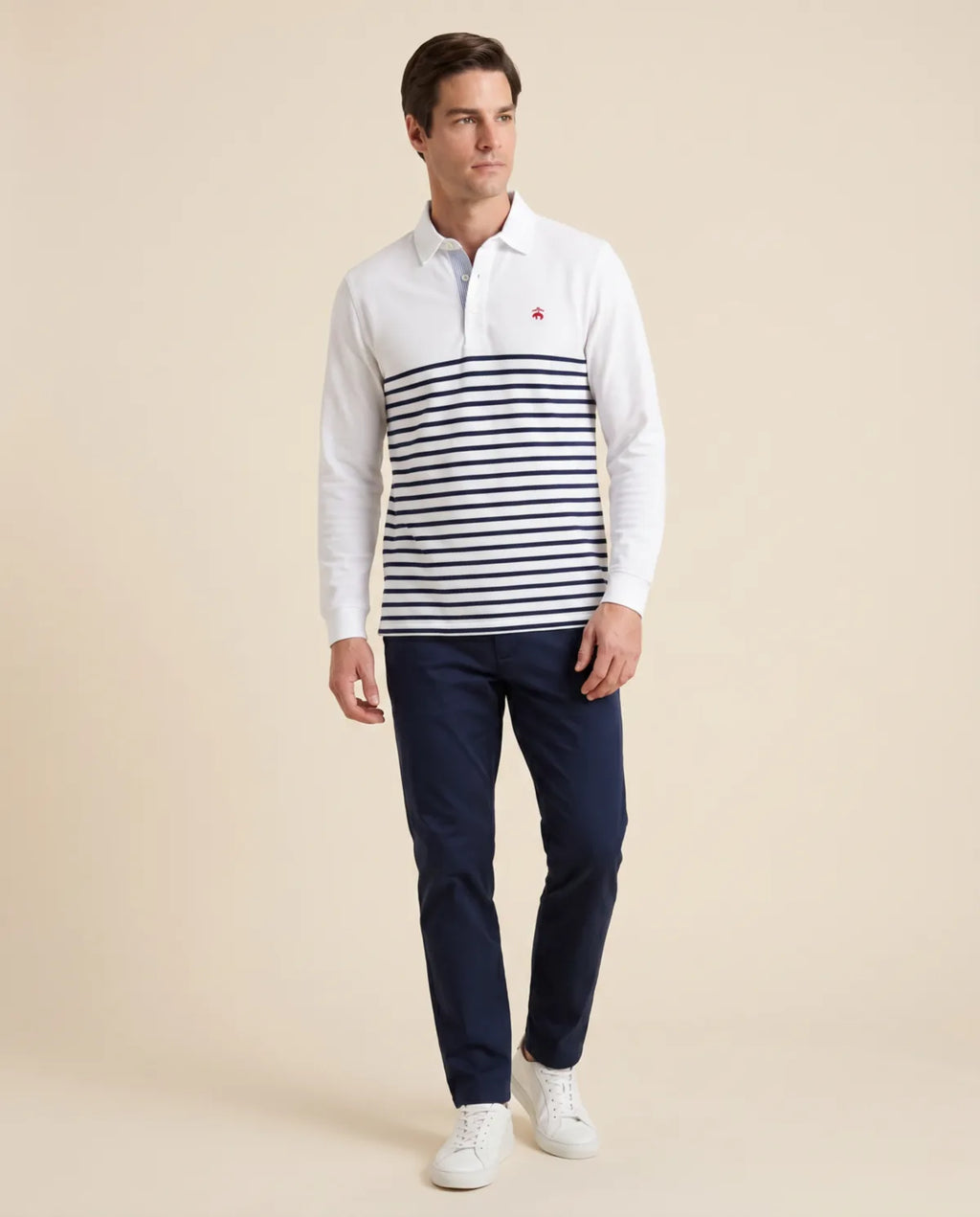 Camiseta Polo Blanca Rayas Azules Manga Larga Brooks Brothers CM00155 - Blanco - hombre plano medio