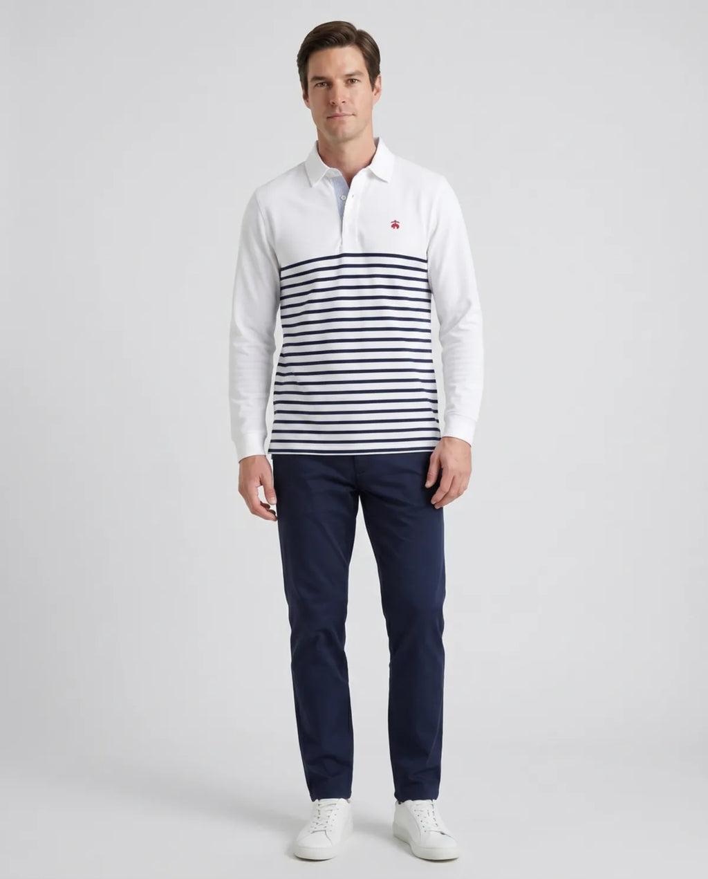 Camiseta Polo Blanca Rayas Azules Manga Larga Brooks Brothers CM00155 - Blanco - cuerpo completo