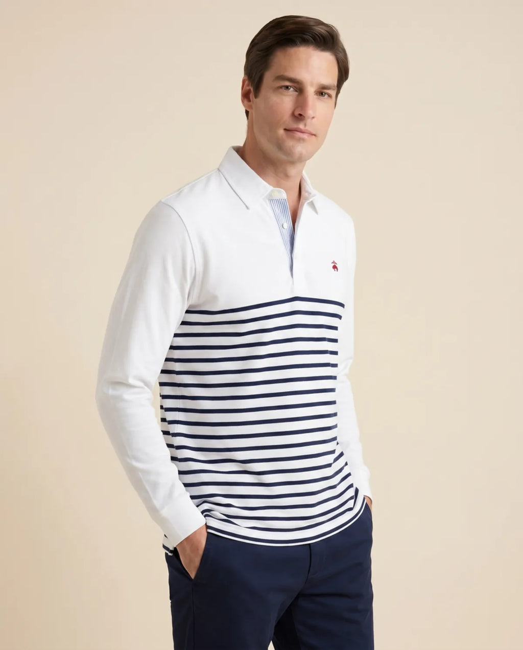 Camiseta Polo Blanca Rayas Azules Manga Larga Brooks Brothers CM00155 - Blanco - tres cuartos