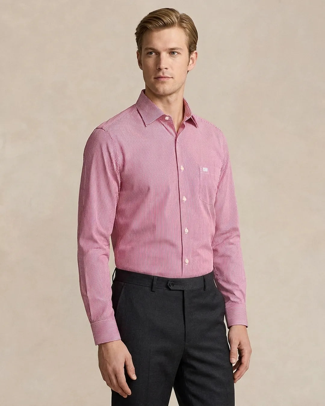 Camisa Formal Classic Fit Lineas Spread Collar Guy Laroche CC00676 - Rojo - Modelo plano americano lookbook