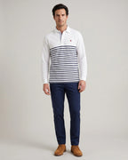 Camiseta Polo Blanca Rayas Azules Manga Larga Brooks Brothers CM00155 - Blanco - Modelo cuerpo completo
