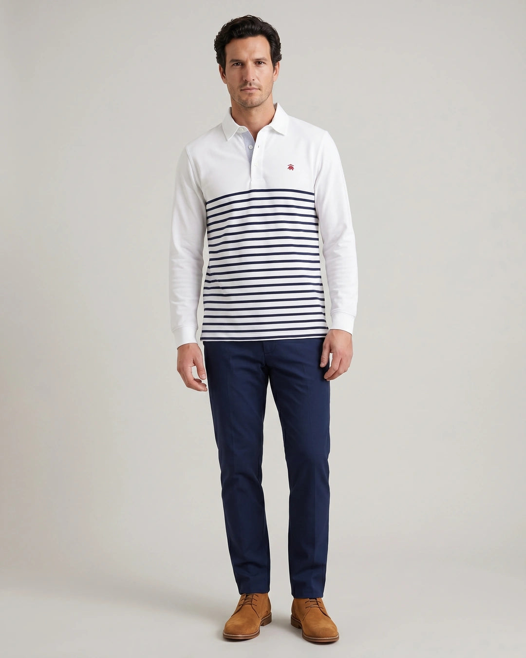 Camiseta Polo Blanca Rayas Azules Manga Larga Brooks Brothers CM00155 - Blanco - Modelo cuerpo completo