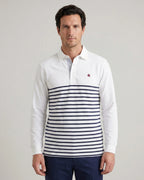 Camiseta Polo Blanca Rayas Azules Manga Larga Brooks Brothers CM00155 - Blanco - Modelo plano americano lookbook