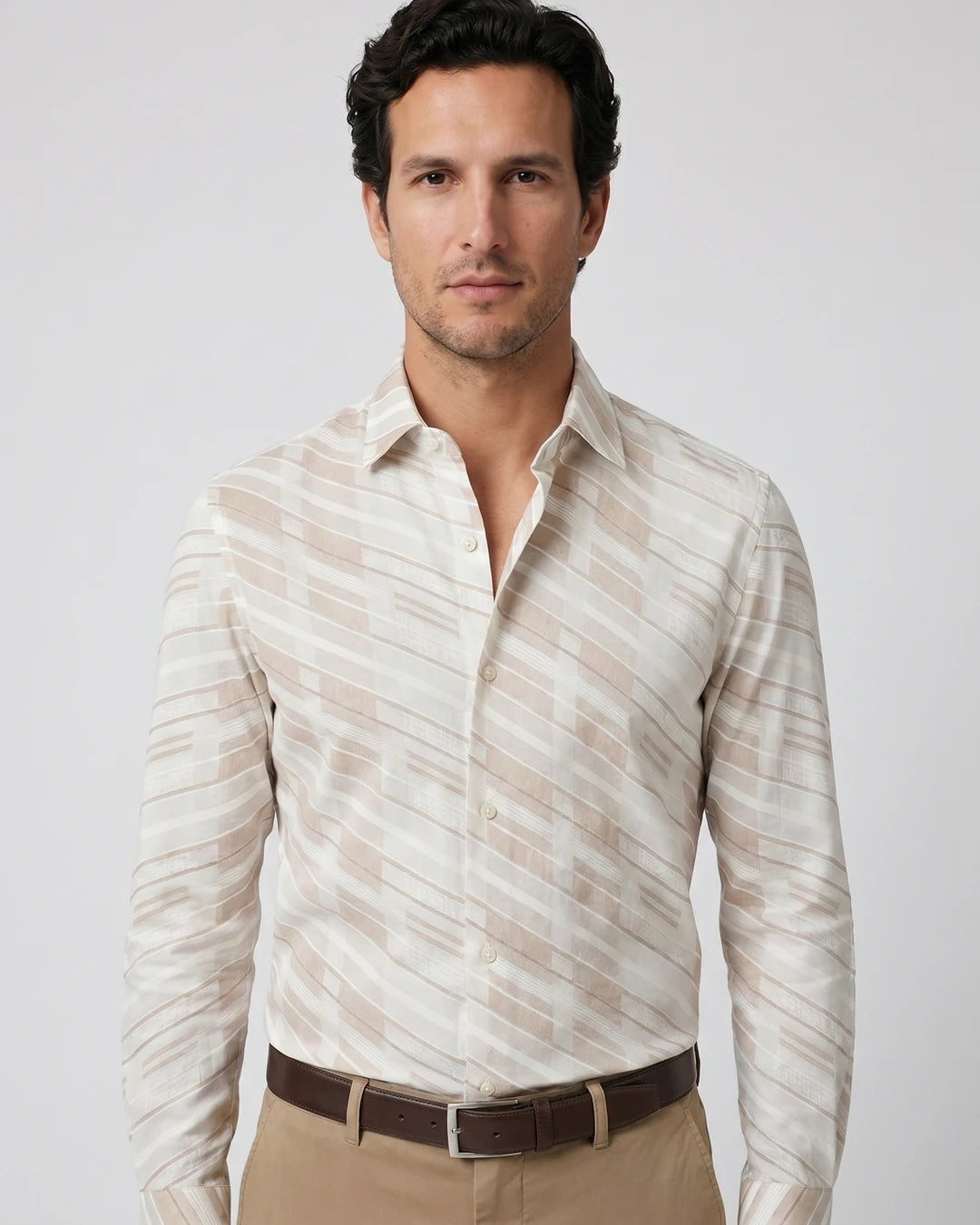 Camisa Sport Beige Claro Perry Ellis CS00910 - Beige Claro - Modelo plano americano lookbook Imagen principal del producto