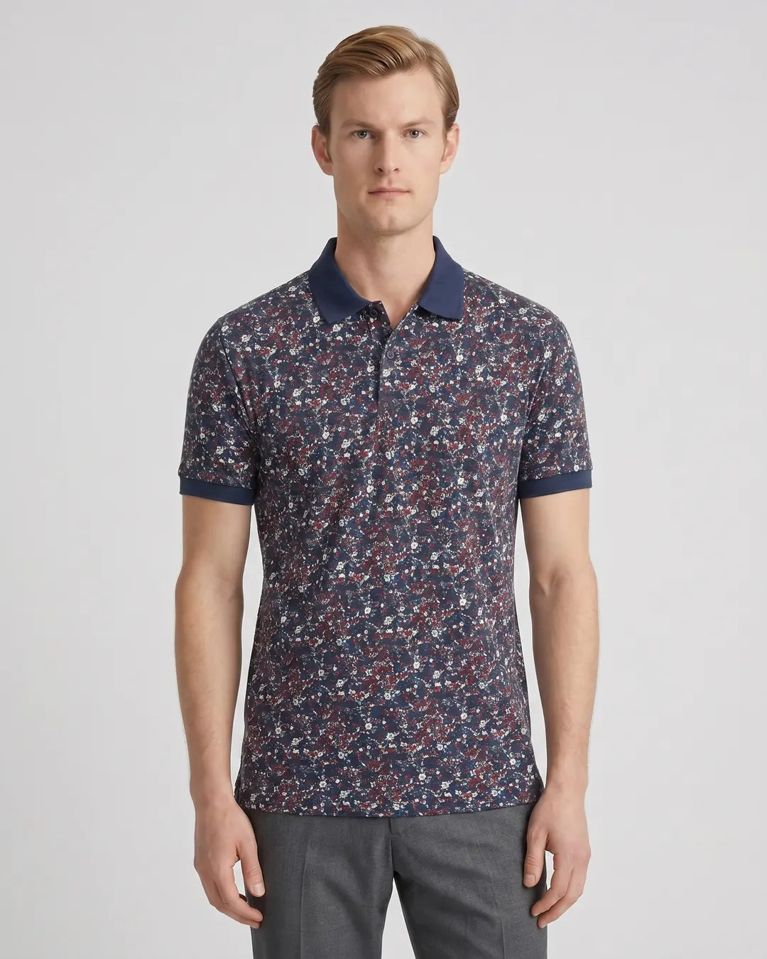Camiseta Polo Classic Fit Perry Ellis CM00124 - Floral - Modelo plano americano lookbook Imagen principal del producto