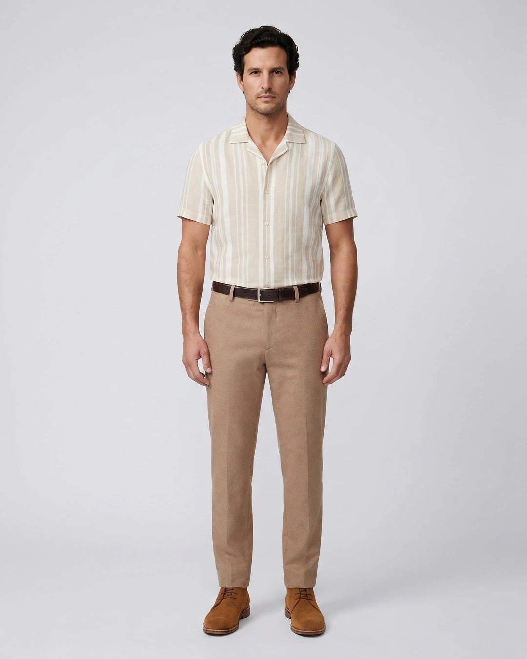 Camisa Sport Beige Classic Fit Perry Ellis CS00886 - Beige - Modelo cuerpo completo