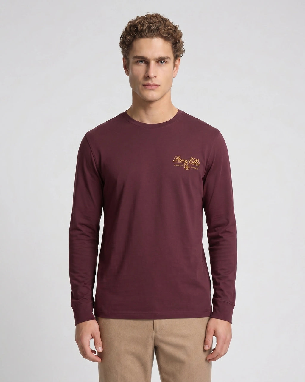 T-Shirt Perry Ellis Manga Larga TS00021 - Vino - Modelo plano americano lookbook