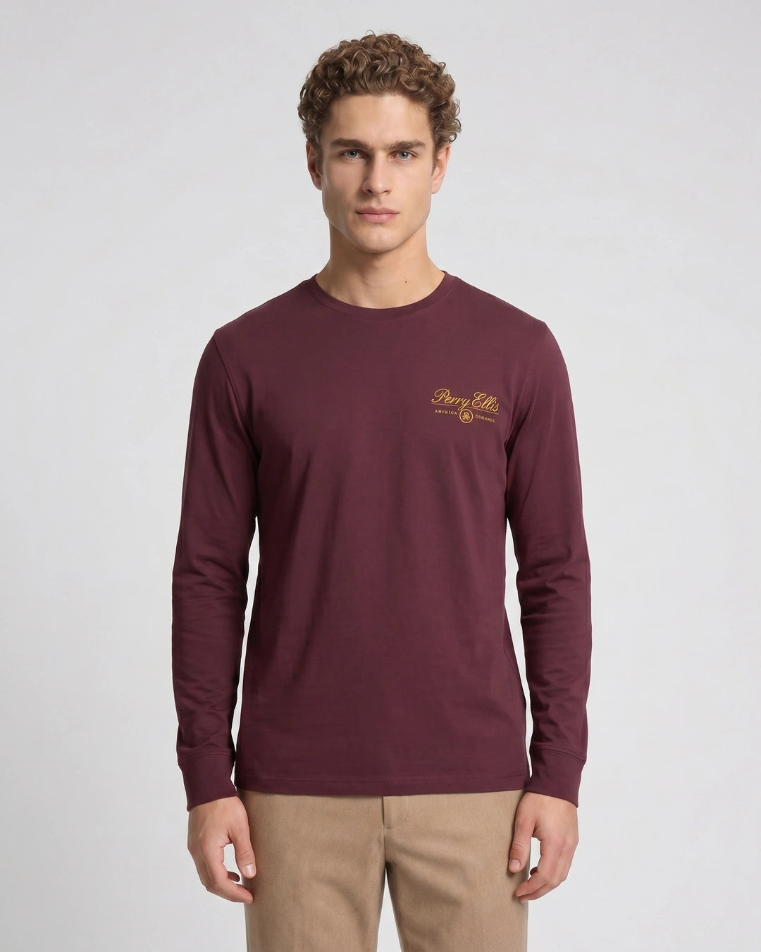T-Shirt Perry Ellis Manga Larga TS00021 - Vino - Modelo plano americano lookbook Imagen principal del producto